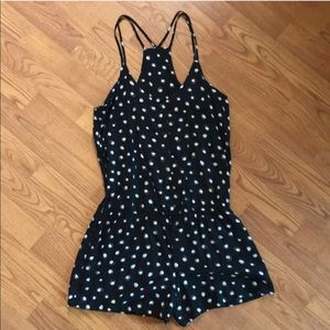 Button up polka dot black and white romper